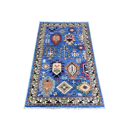 Tribal & Geometric Wool Hand Knotted Rug Blue Ivory 3.0X5.2 -O074864