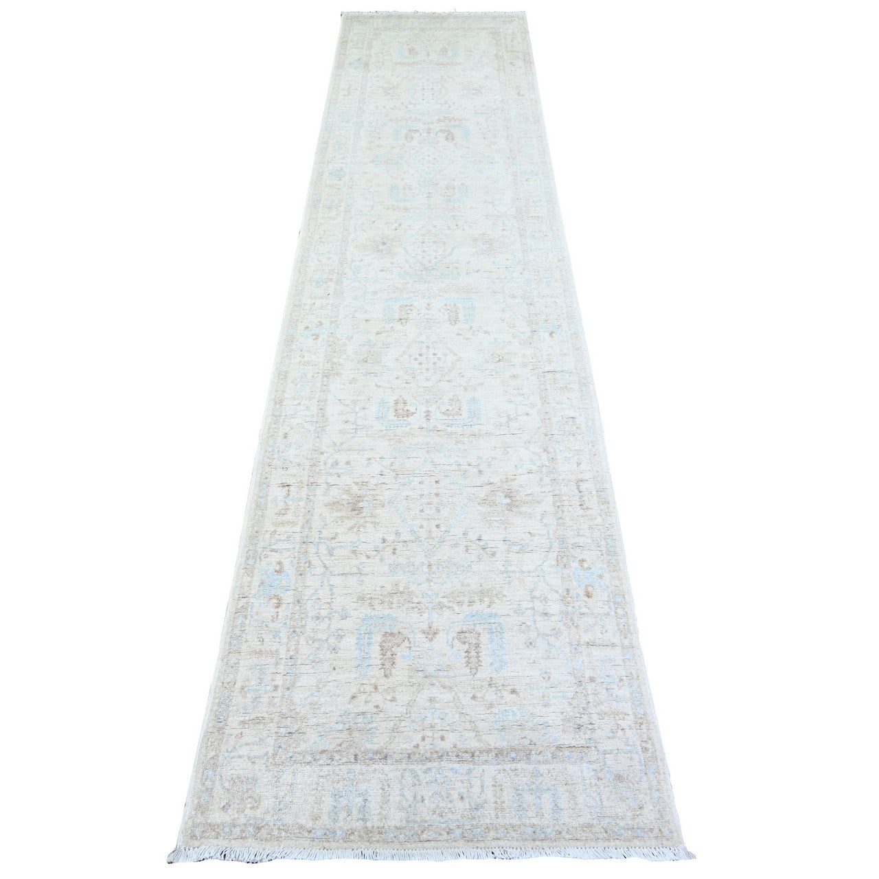 Ivory 2'4" x 10'2" Oushak And Peshawar Hand knotted Wool Rug - Sku: O074874
