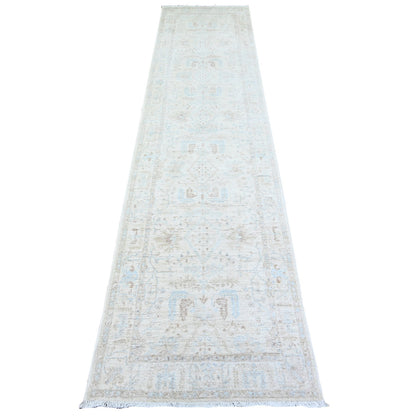 Oushak And Peshawar Wool Hand Knotted Rug Ivory Ivory 2.4X10.2 -O074874