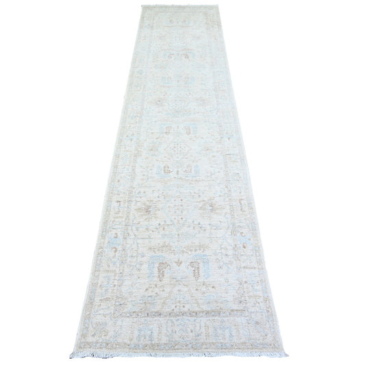 Oushak And Peshawar Wool Hand Knotted Rug Ivory Ivory 2.4X10.2 -O074874