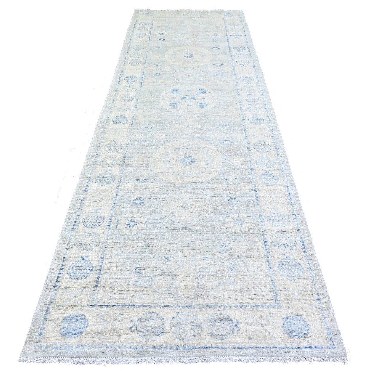 Gray 3'11" x 12'1" Khotan and Samarkand Hand knotted Wool Rug - Sku: O074877