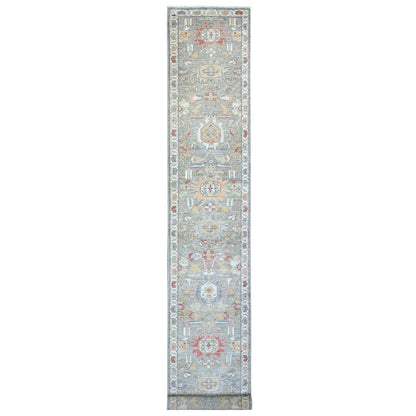 Oushak And Peshawar Wool Hand Knotted Rug Green Ivory 2.5X15.11 -O074889