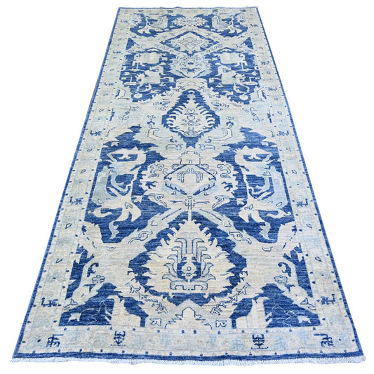Oushak And Peshawar Wool Hand Knotted Rug Blue Gray 4.2X9.7 -O074902