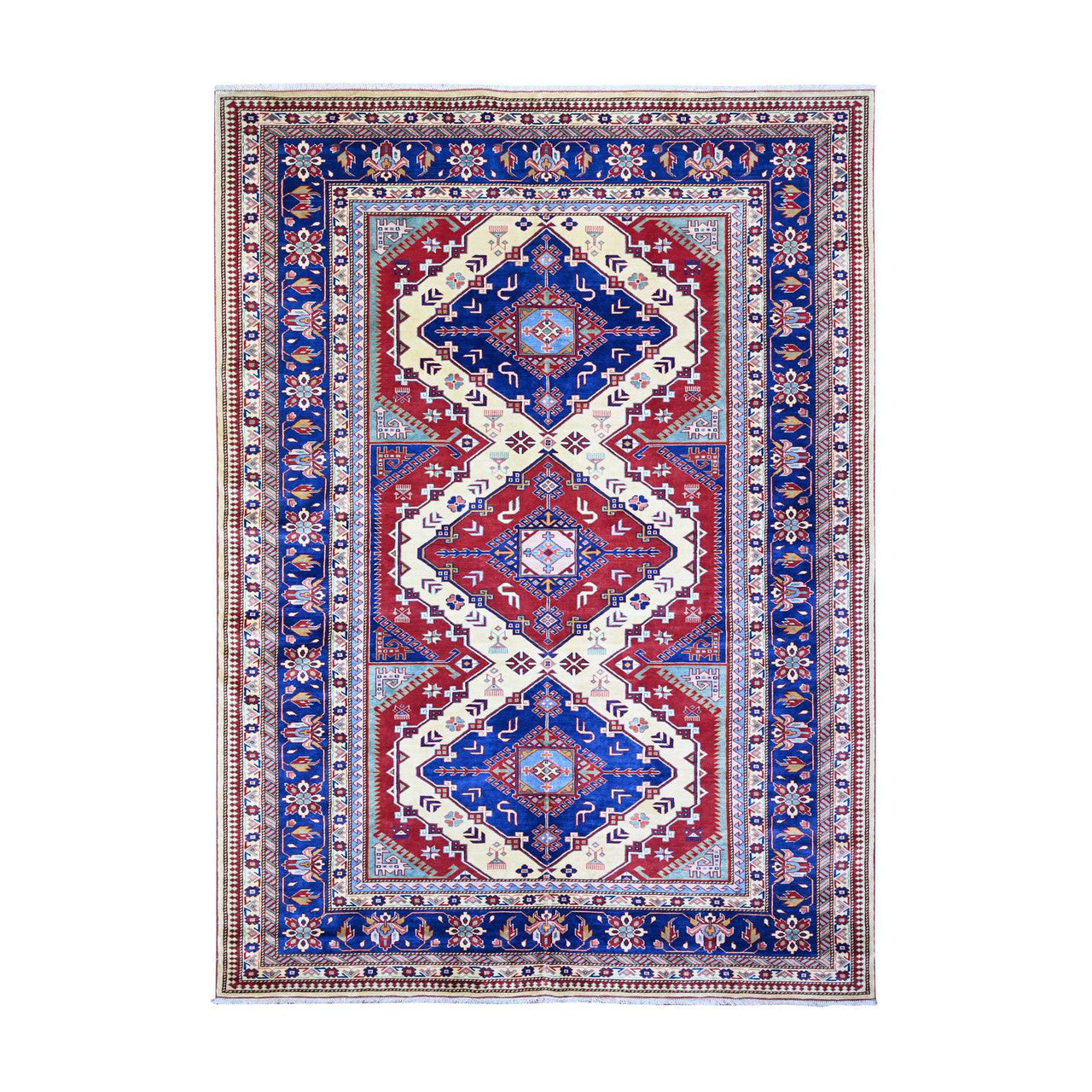 Ivory 6'9" x 9'4" Tribal & Geometric Cobalt Hand knotted Wool Rug - Sku: O074922