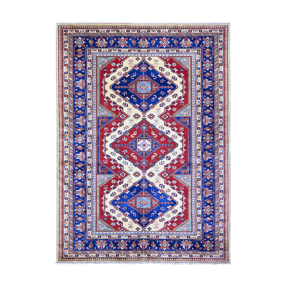 Tribal & Geometric Wool Hand Knotted Rug Ivory Cobalt Blue 6.9X9.4 -O074922