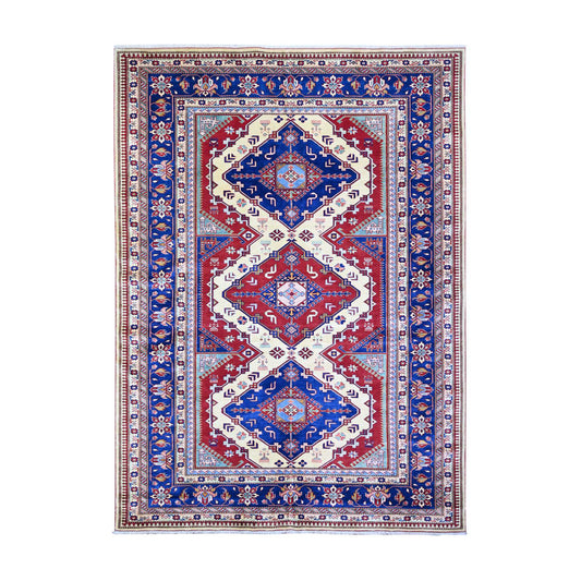 Tribal & Geometric Wool Hand Knotted Rug Ivory Cobalt Blue 6.9X9.4 -O074922