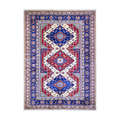 Tribal & Geometric Wool Hand Knotted Rug Ivory Cobalt Blue 6.9X9.4 -O074922