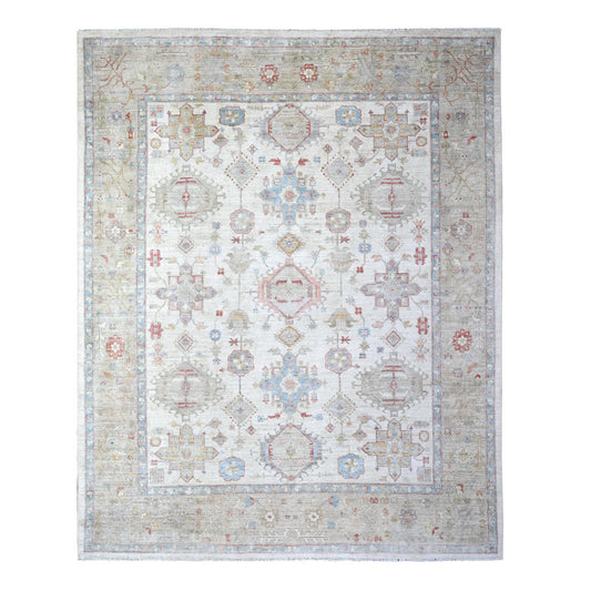 Oushak And Peshawar Wool Hand Knotted Rug Ivory Gray 8.0X9.9 -O074926