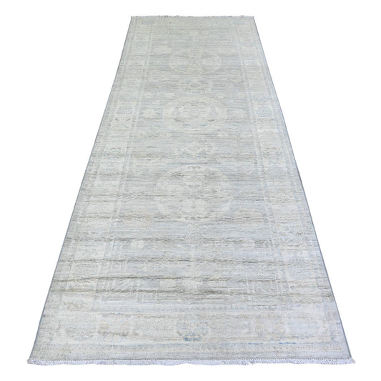 Oushak And Peshawar Wool Hand Knotted Rug Grey Ivory 3.9X9.9 -O074950
