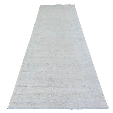 Oushak And Peshawar Wool Hand Knotted Rug Ivory Ivory 3.10X11.2 -O074951