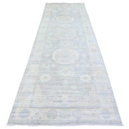 Oushak And Peshawar Wool Hand Knotted Rug Grey Anti-Flash White 4.0X12.2 -O074953