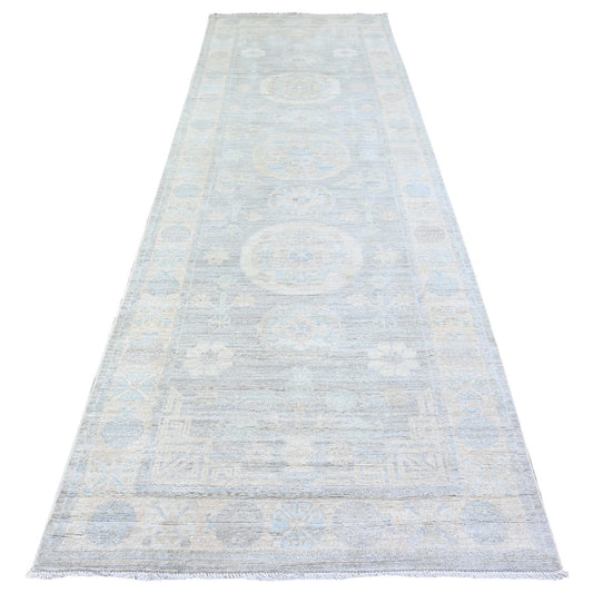 Oushak And Peshawar Wool Hand Knotted Rug Grey Anti-Flash White 4.0X12.2 -O074953