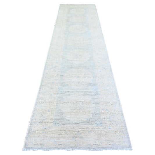 Oushak And Peshawar Wool Hand Knotted Rug Ivory Blue Gray 3.1X12.0 -O074961