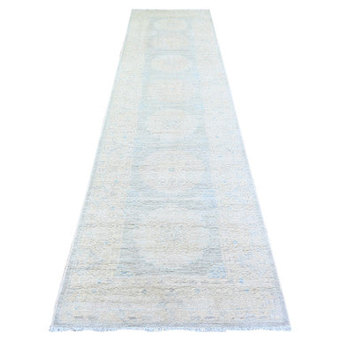 Oushak And Peshawar Wool Hand Knotted Rug Ivory Blue Gray 3.1X12.0 -O074961