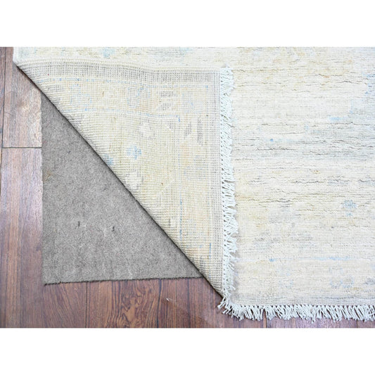 Oushak And Peshawar Wool Hand Knotted Rug Ivory Blue Gray 3.1X12.0 -O074961