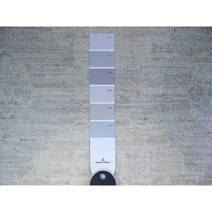 Oushak And Peshawar Wool Hand Knotted Rug Ivory Blue Gray 3.1X12.0 -O074961