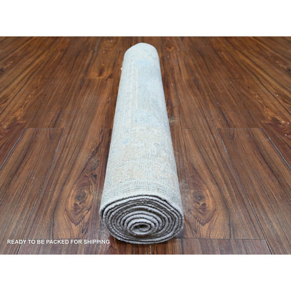 Oushak And Peshawar Wool Hand Knotted Rug Ivory Blue Gray 3.1X12.0 -O074961