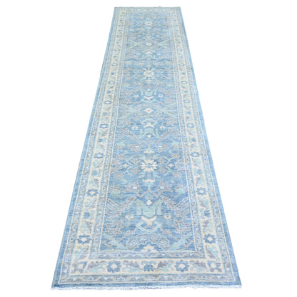 Oushak And Peshawar Wool Hand Knotted Rug Blue Ivory 2.9X11.5 -O074967