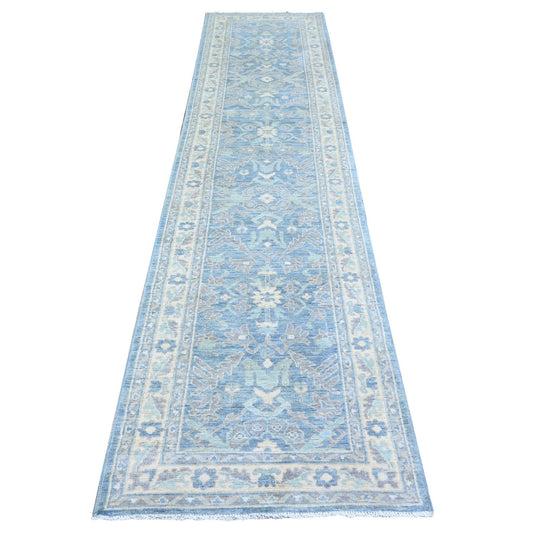 Oushak And Peshawar Wool Hand Knotted Rug Blue Ivory 2.9X11.5 -O074967