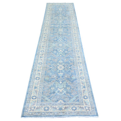 Oushak And Peshawar Wool Hand Knotted Rug Blue Ivory 2.9X11.5 -O074967