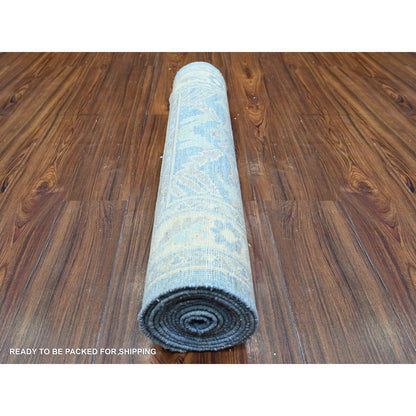Oushak And Peshawar Wool Hand Knotted Rug Blue Ivory 2.9X11.5 -O074967