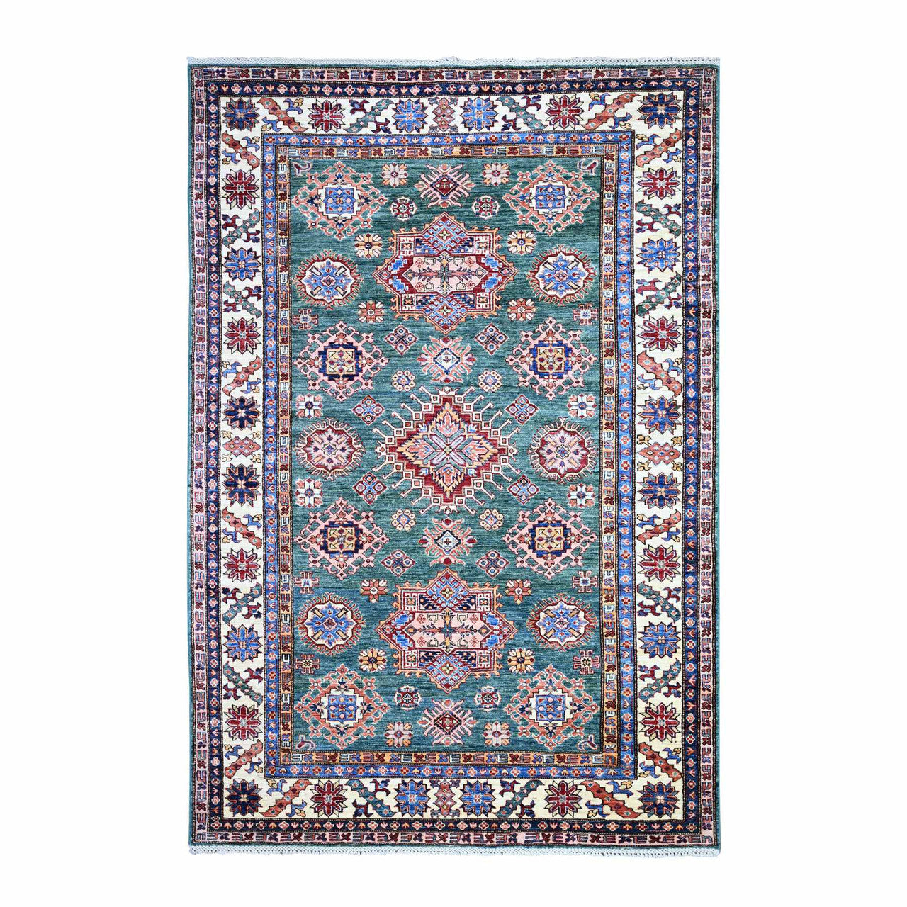 Kazak Wool Hand Knotted Rug Green Ivory 5.11X8.9 -O074978