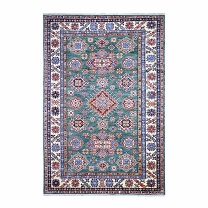 Kazak Wool Hand Knotted Rug Green Ivory 5.11X8.9 -O074978