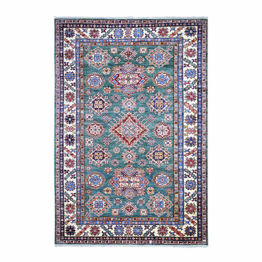 Kazak Wool Hand Knotted Rug Green Ivory 5.11X8.9 -O074978