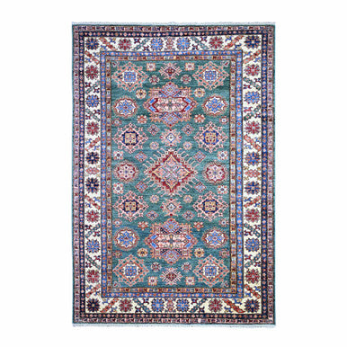 Kazak Wool Hand Knotted Rug Green Ivory 5.11X8.9 -O074978