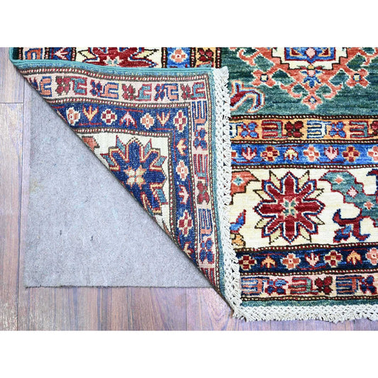 Kazak Wool Hand Knotted Rug Green Ivory 5.11X8.9 -O074978