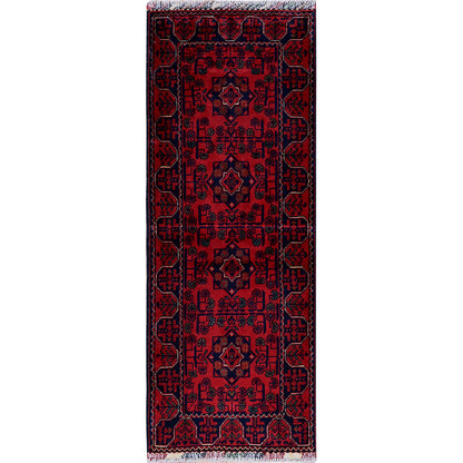 Tribal & Geometric Wool Hand Knotted Rug Red 1.10x4.10 -O0749