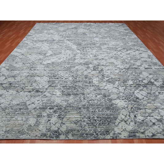Modern and Contemporary Wool & Silk Hand Knotted Rug Grey No Border 11.9X15.3 -O075013
