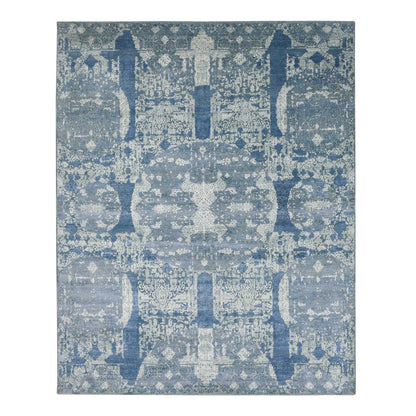 Transitional Wool & Pure Silk Hand Knotted Rug Blue No Border 7.10X10.0 -O075092