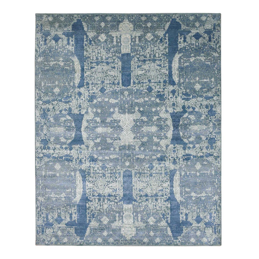 Transitional Wool & Pure Silk Hand Knotted Rug Blue No Border 7.10X10.0 -O075092