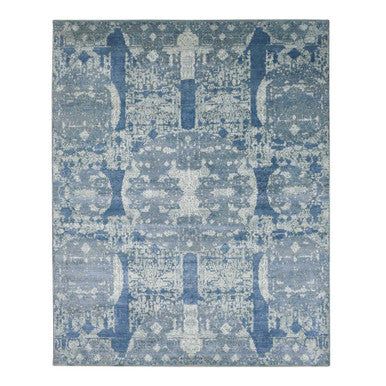 Transitional Wool & Pure Silk Hand Knotted Rug Blue No Border 7.10X10.0 -O075092