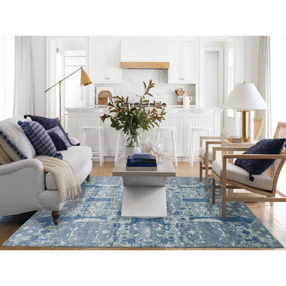 Transitional Wool & Pure Silk Hand Knotted Rug Blue No Border 7.10X10.0 -O075092