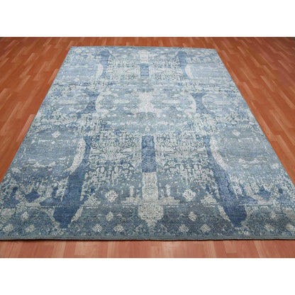 Transitional Wool & Pure Silk Hand Knotted Rug Blue No Border 7.10X10.0 -O075092