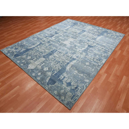 Transitional Wool & Pure Silk Hand Knotted Rug Blue No Border 7.10X10.0 -O075092