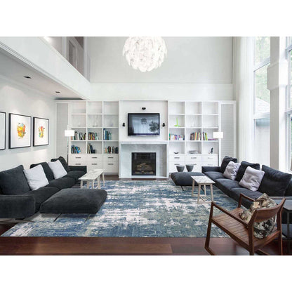 Modern and Contemporary Wool & Pure Silk Hand Knotted Rug Blue No Border 12.2X15.1 -O075102