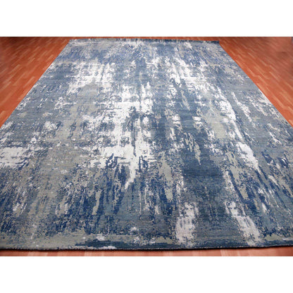 Modern and Contemporary Wool & Pure Silk Hand Knotted Rug Blue No Border 12.2X15.1 -O075102