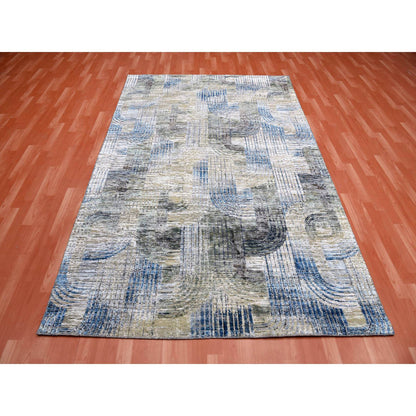 Modern and Contemporary Wool & Silk Hand Knotted Rug Blue No Border 6.0X9.0 -O075128