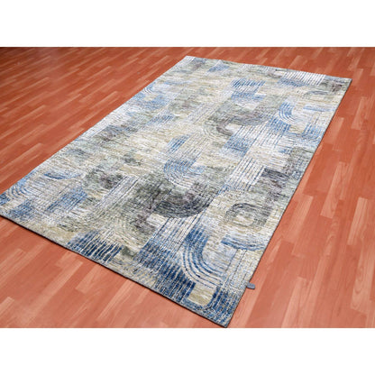 Modern and Contemporary Wool & Silk Hand Knotted Rug Blue No Border 6.0X9.0 -O075128