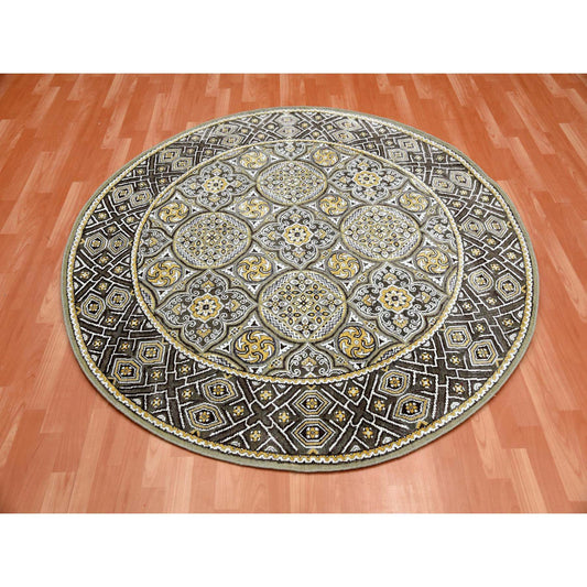 Ikat And Suzani Design Wool & Pure Silk Hand Knotted Rug Brown Brown 6.2X6.2 -O075129