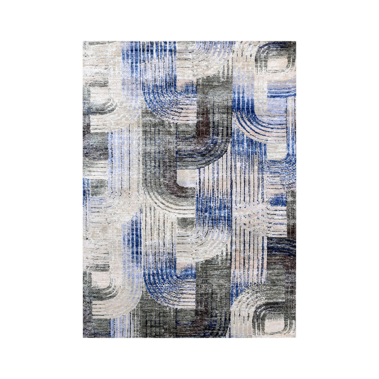 Modern and Contemporary Wool & Silk Hand Knotted Rug Blue No Border 4.0X6.1 -O075131