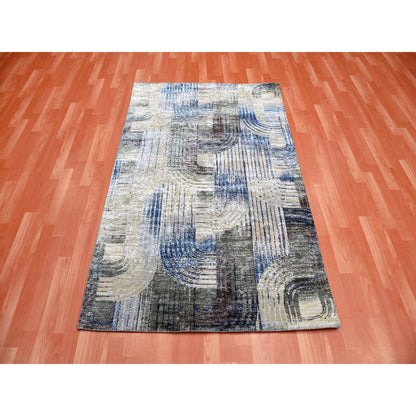 Modern and Contemporary Wool & Silk Hand Knotted Rug Blue No Border 4.0X6.1 -O075131