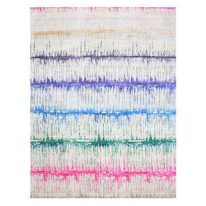 Modern and Contemporary Wool & Sari Silk Hand Knotted Rug Ivory No Border 9.1X12.0 -O075174