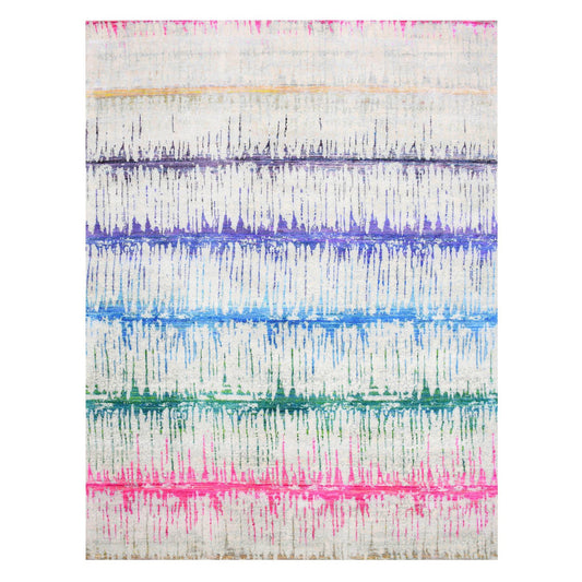 Modern and Contemporary Wool & Sari Silk Hand Knotted Rug Ivory No Border 9.1X12.0 -O075174