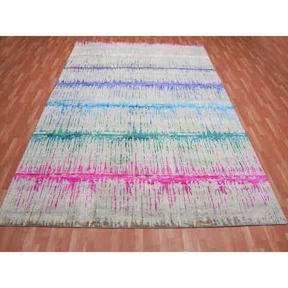 Modern and Contemporary Wool & Sari Silk Hand Knotted Rug Ivory No Border 9.1X12.0 -O075174