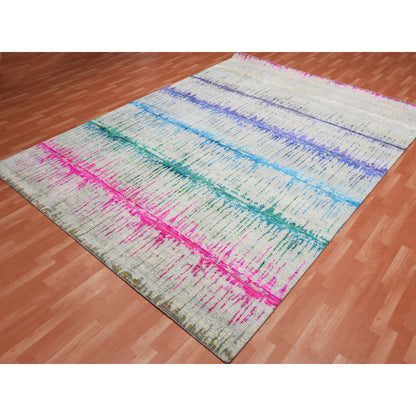 Modern and Contemporary Wool & Sari Silk Hand Knotted Rug Ivory No Border 9.1X12.0 -O075174