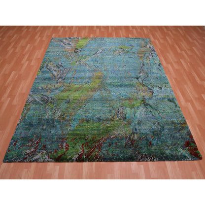 Modern and Contemporary Wool & Silk Hand Knotted Rug Green No Border 8.0X9.10 -O075177